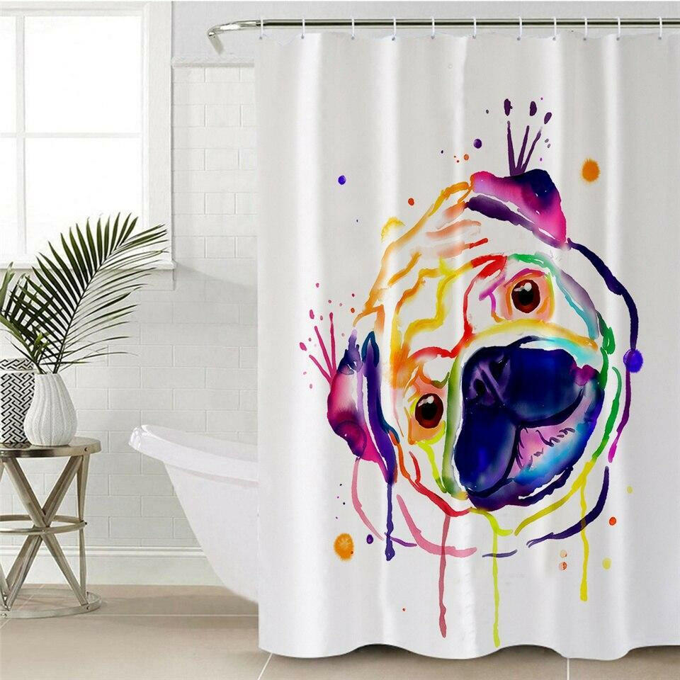 Colorful Painted Pug Shower Curtain.