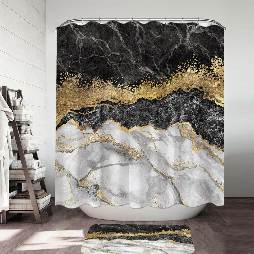 White Black Gold Marble Shower Curtain.