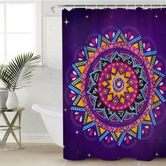 Multi Colored Mandala Over Purple Shower Curtain.