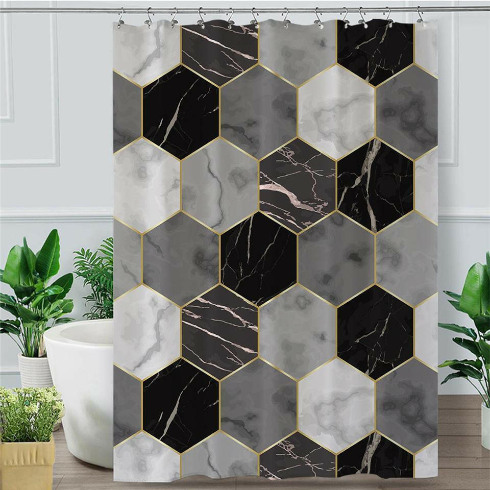 Grey Hues Marble Hexagons Shower Curtain.