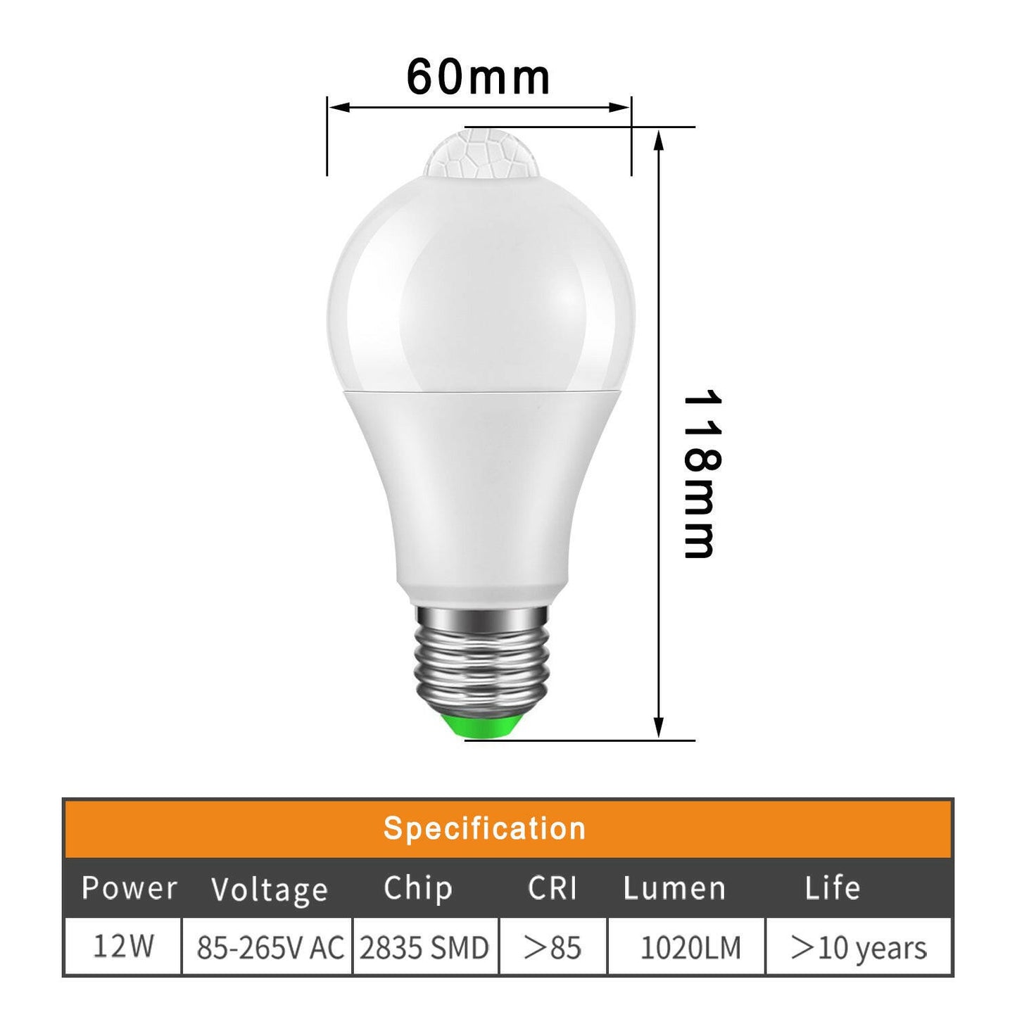 E27 LED Bulb Light Sensor PIR Sensor Warm White.