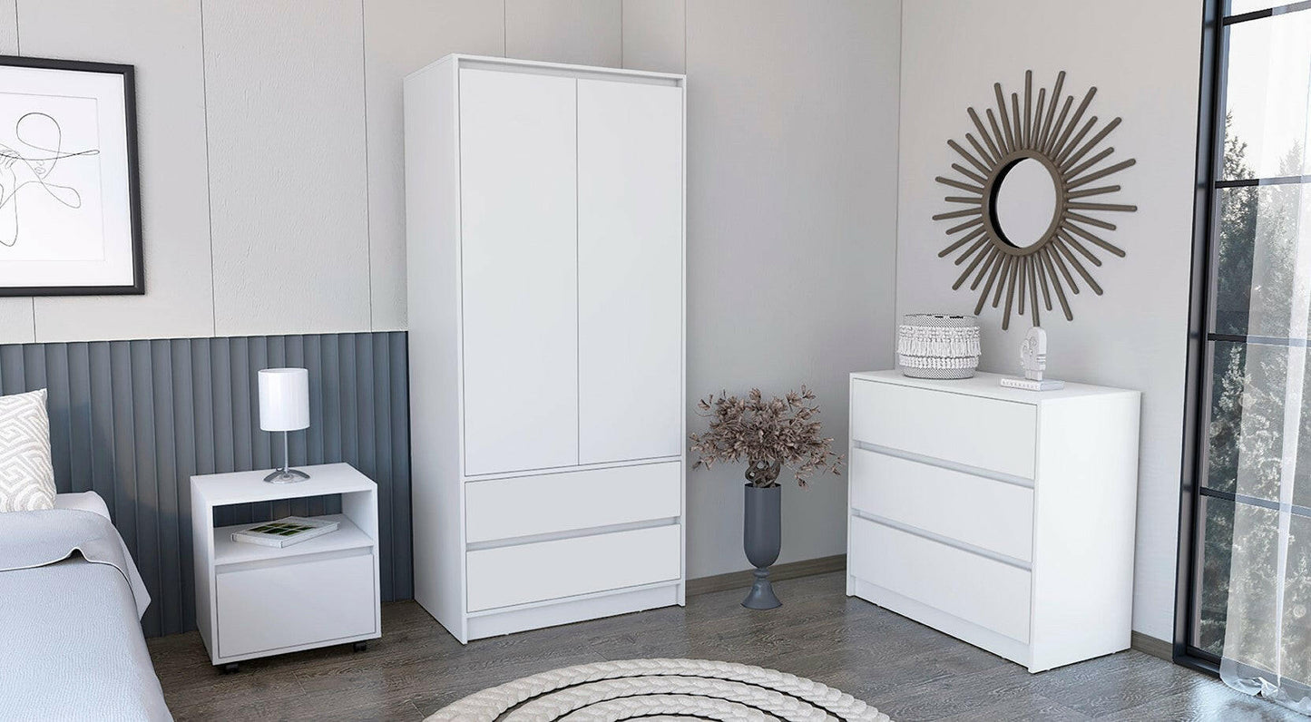 Beloit 3 Piece Bedroom Set, Nightstand + Dresser+ Armoire, White.