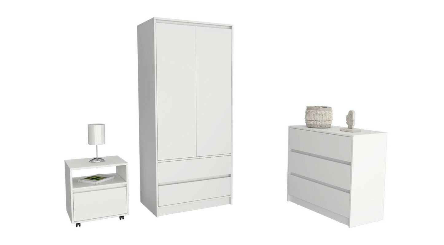 Beloit 3 Piece Bedroom Set, Nightstand + Dresser+ Armoire, White.