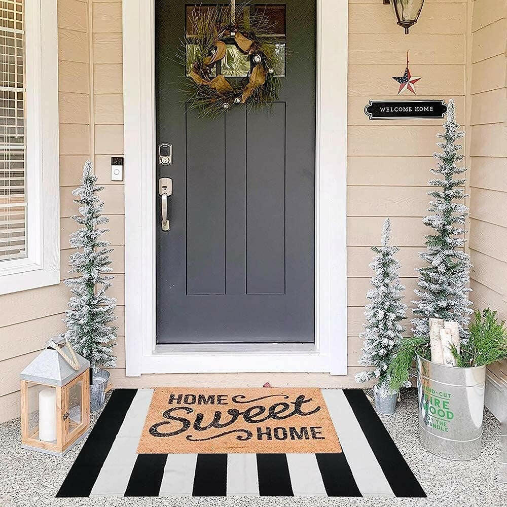 Black and White Striped Outdoor Rug 27.5X 43 Inches Front Door Mat Hand-Woven Cotton Indoor/Outdoor for Layered Mats,Welcome Mat, Porch,Farmhouse,Kitchen,Entry Way.