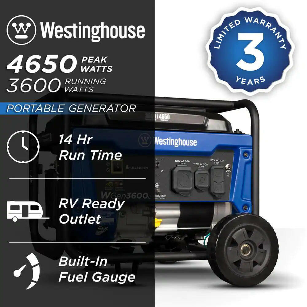 4,650/3,600-Watt Gas Powered Portable Generator with Recoil Start.