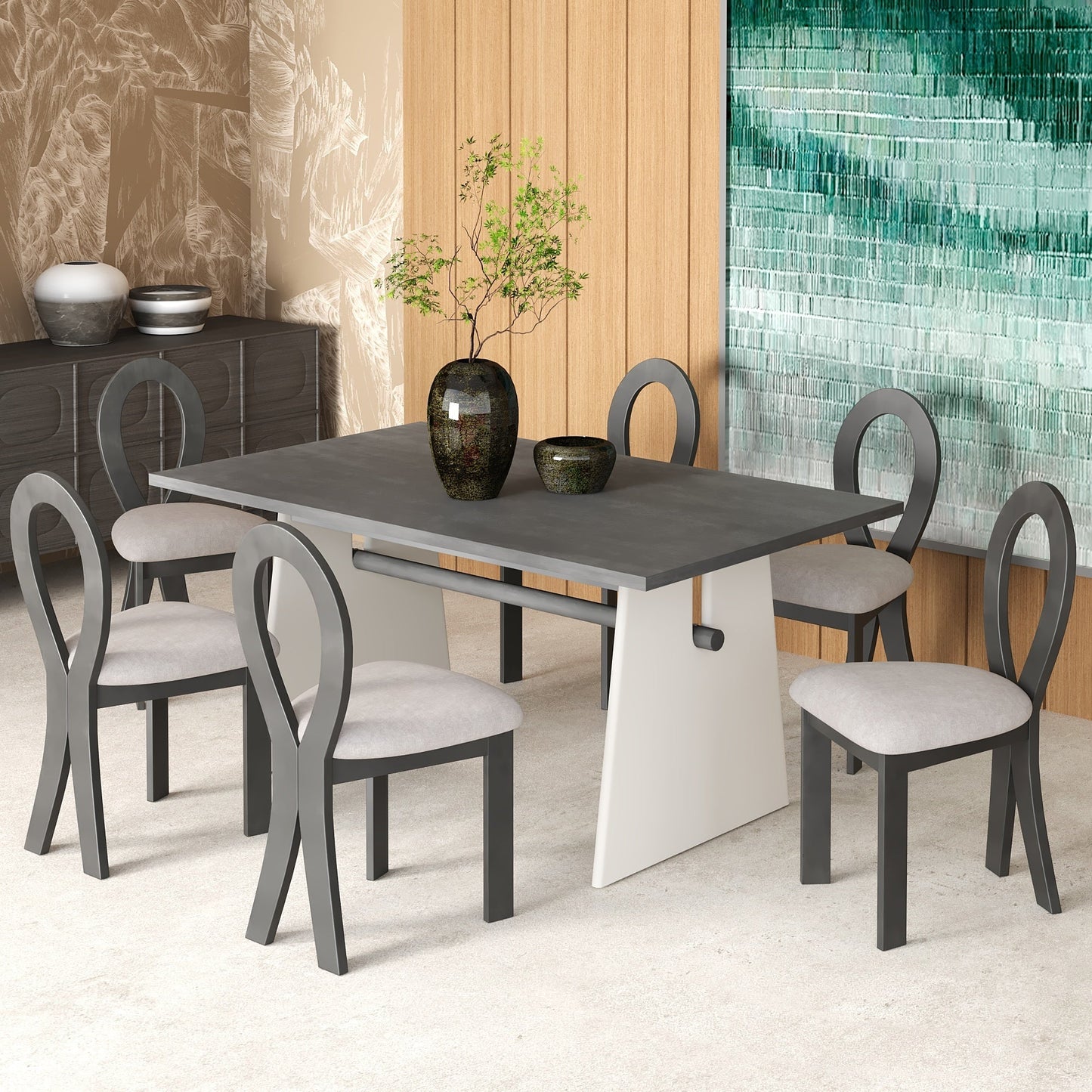 Modern 7-Piece Dining Table Set with Trestle Dining Table and 6