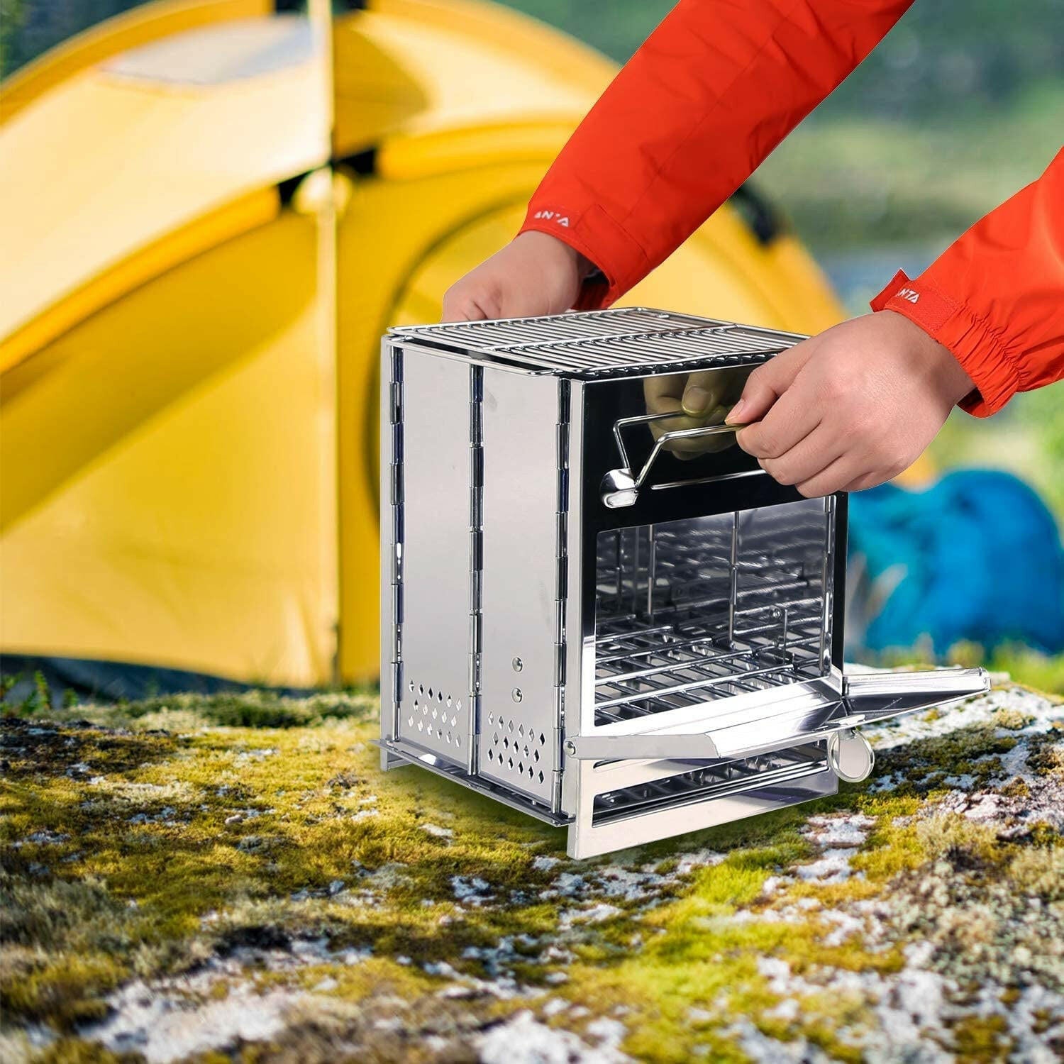 Wood Burning Folding Camp Stove Stainless Steel Grill, Portable Collapsible Backpacking Stove Survival Rocket Stove for Hiking Outdoor Tent Camping Picnic BBQ, Large.