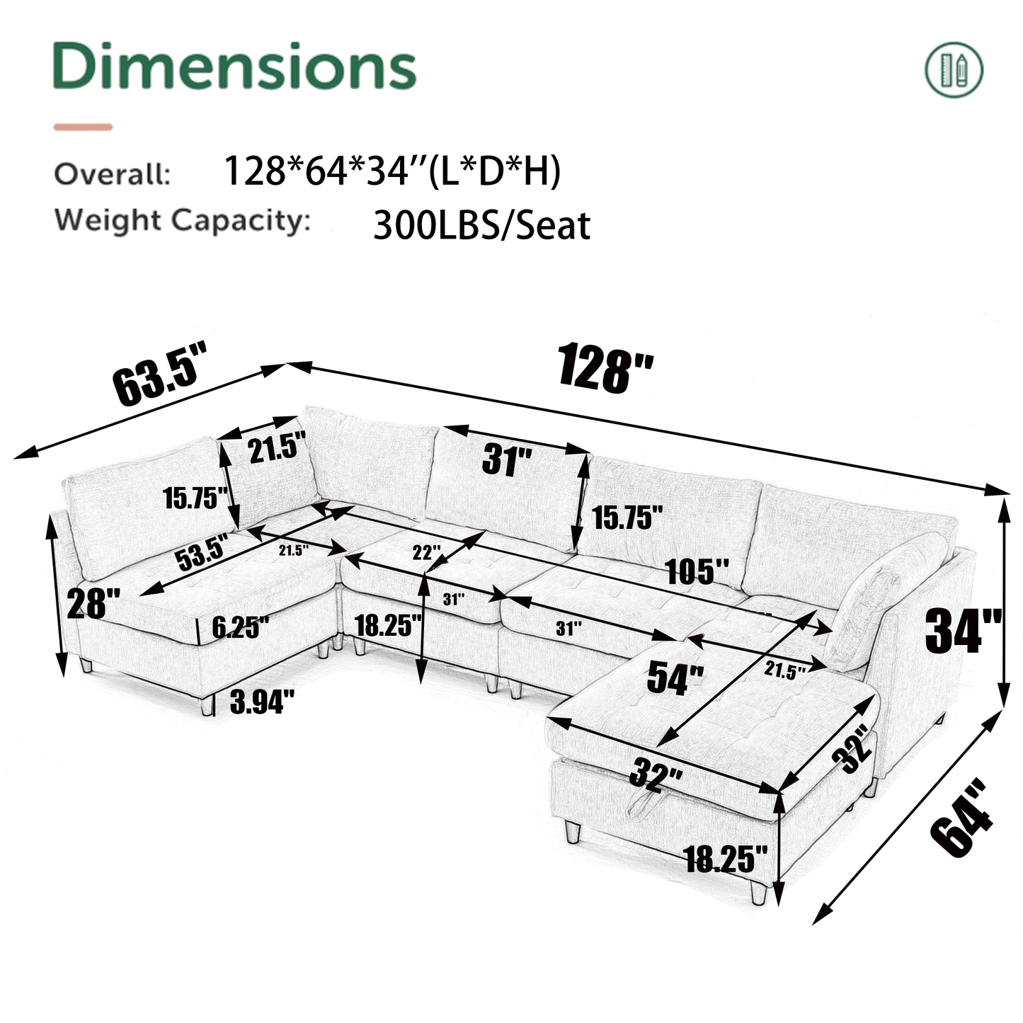 Modular Sectional Couch with Storage Ottoman, U Shaped Sofa, Storage