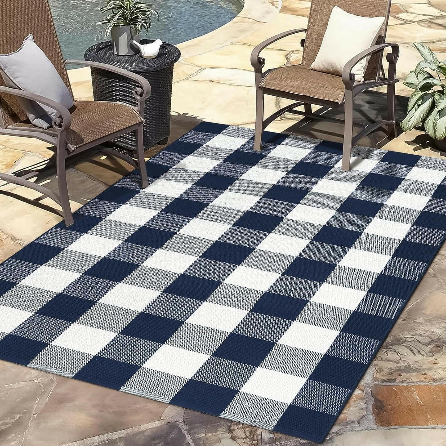 Buffalo Plaid Outdoor Rug, 3X5 Blue and White Checkered Door Mat, Cotton Woven Washable Welcome Mat for Kitchen, Farmhouse Entryway Carpet.