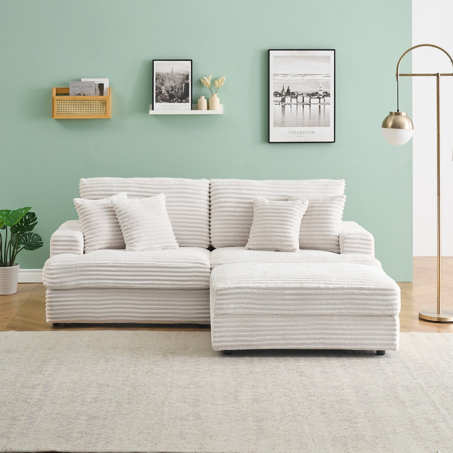 82 inches white corduroy sofa, storage feet +4 throw pillows, create a