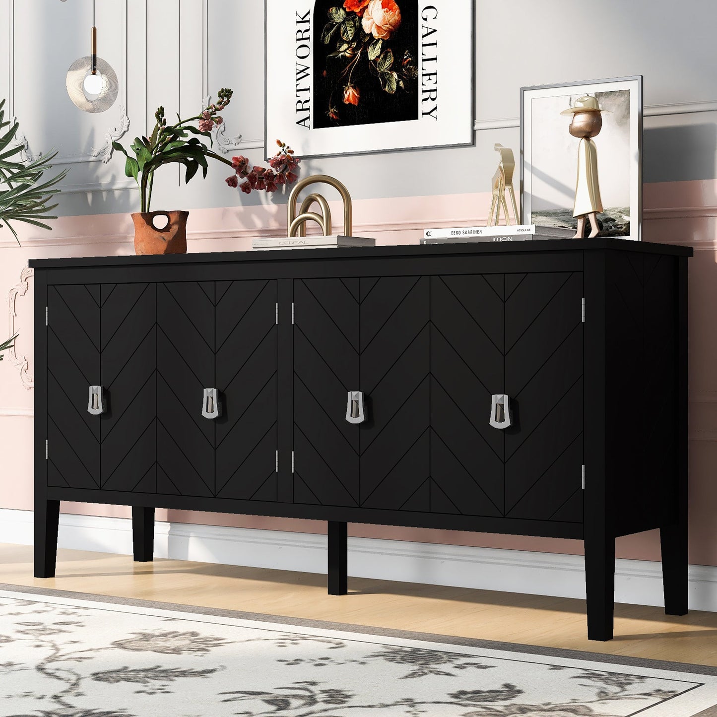 Four-Door Sideboard with Geometric Line Patterns and Vintage Metal