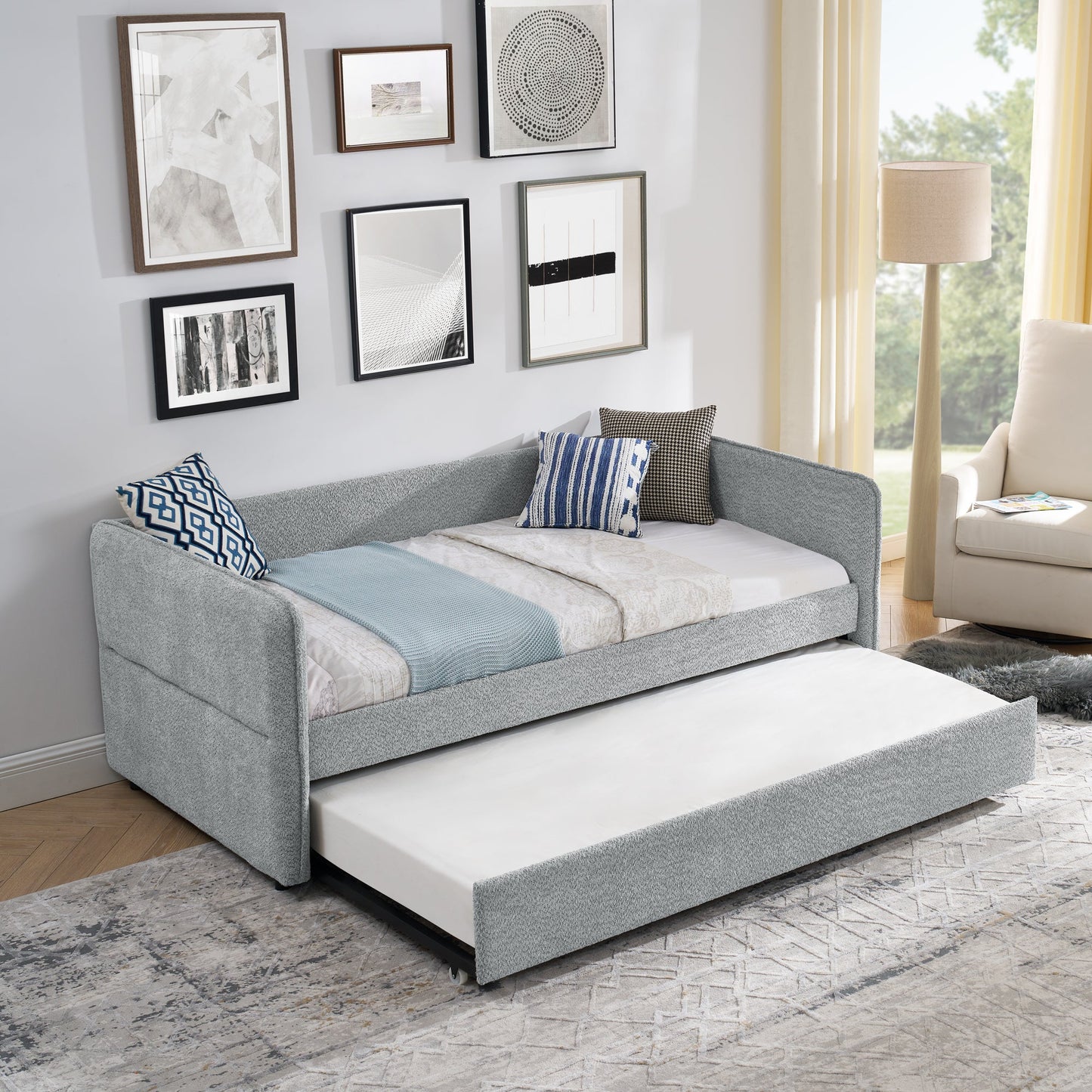 Daybed with Trundle Upholstered Tufted Sofa Bed, Twin Size, Boucle