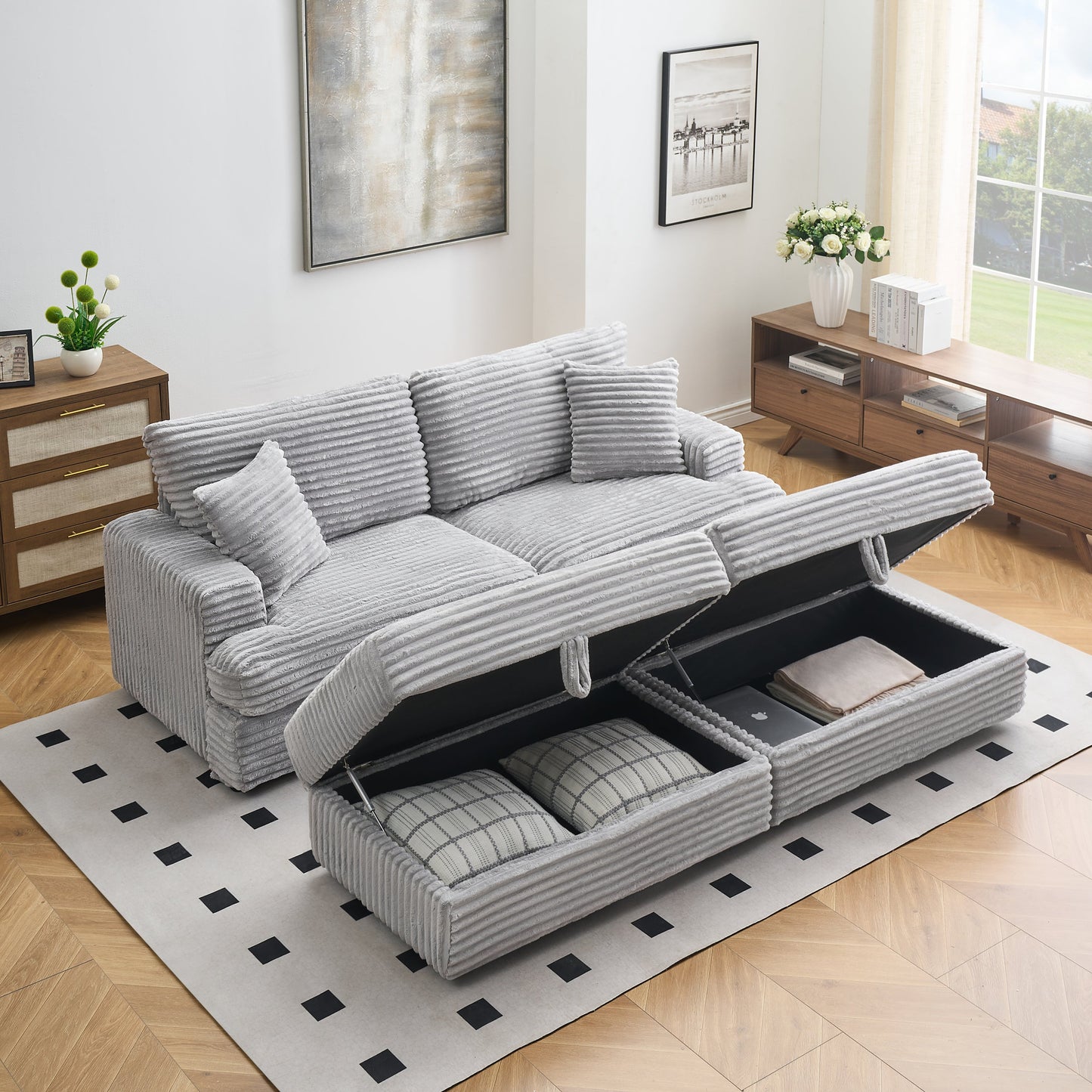 82 inches gray corduroy sofa, two storage feet +4 throw pillows,