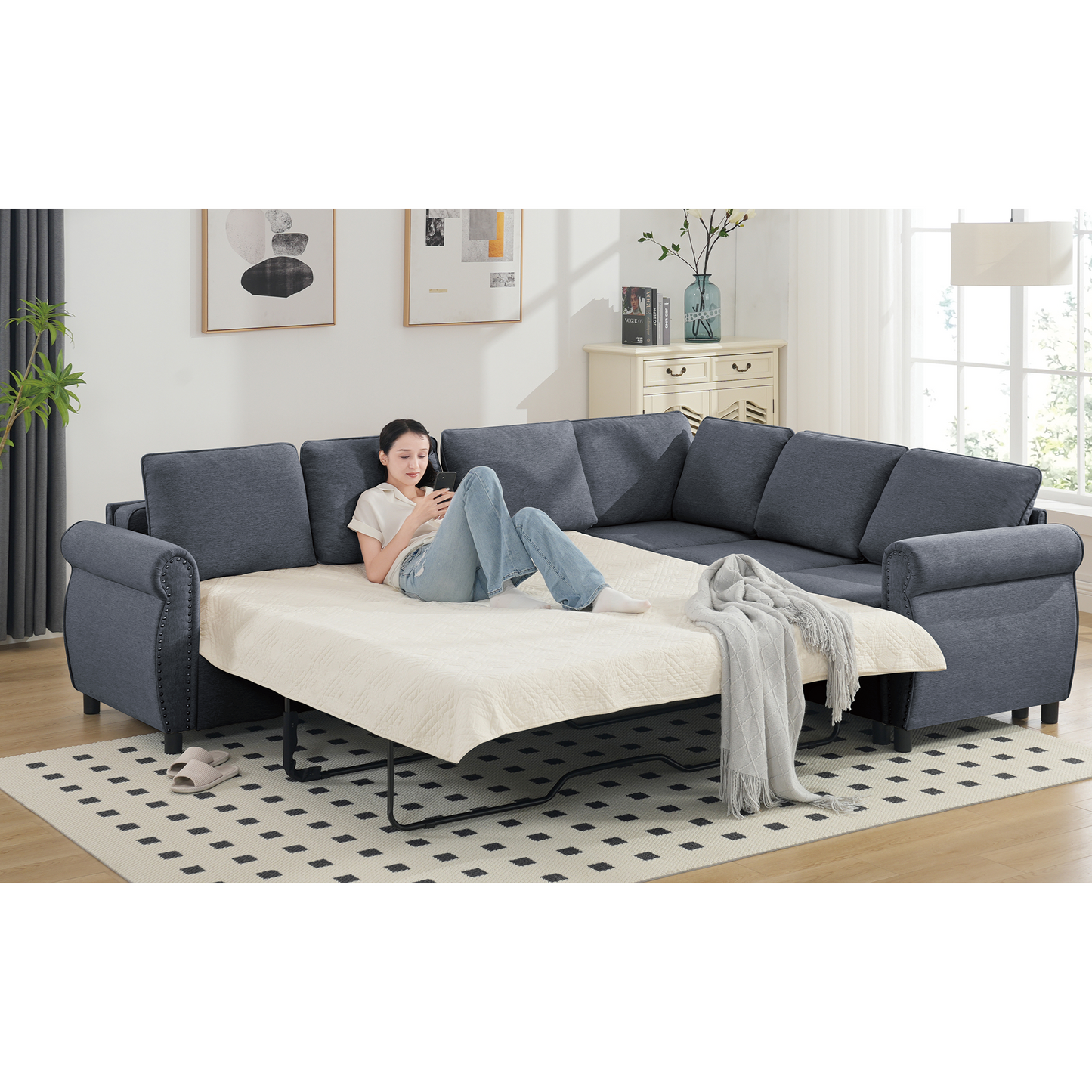 Sleeper Sofa, 2 in 1 Pull Out Couch Bed,6 seater sofa bed, L Shaped