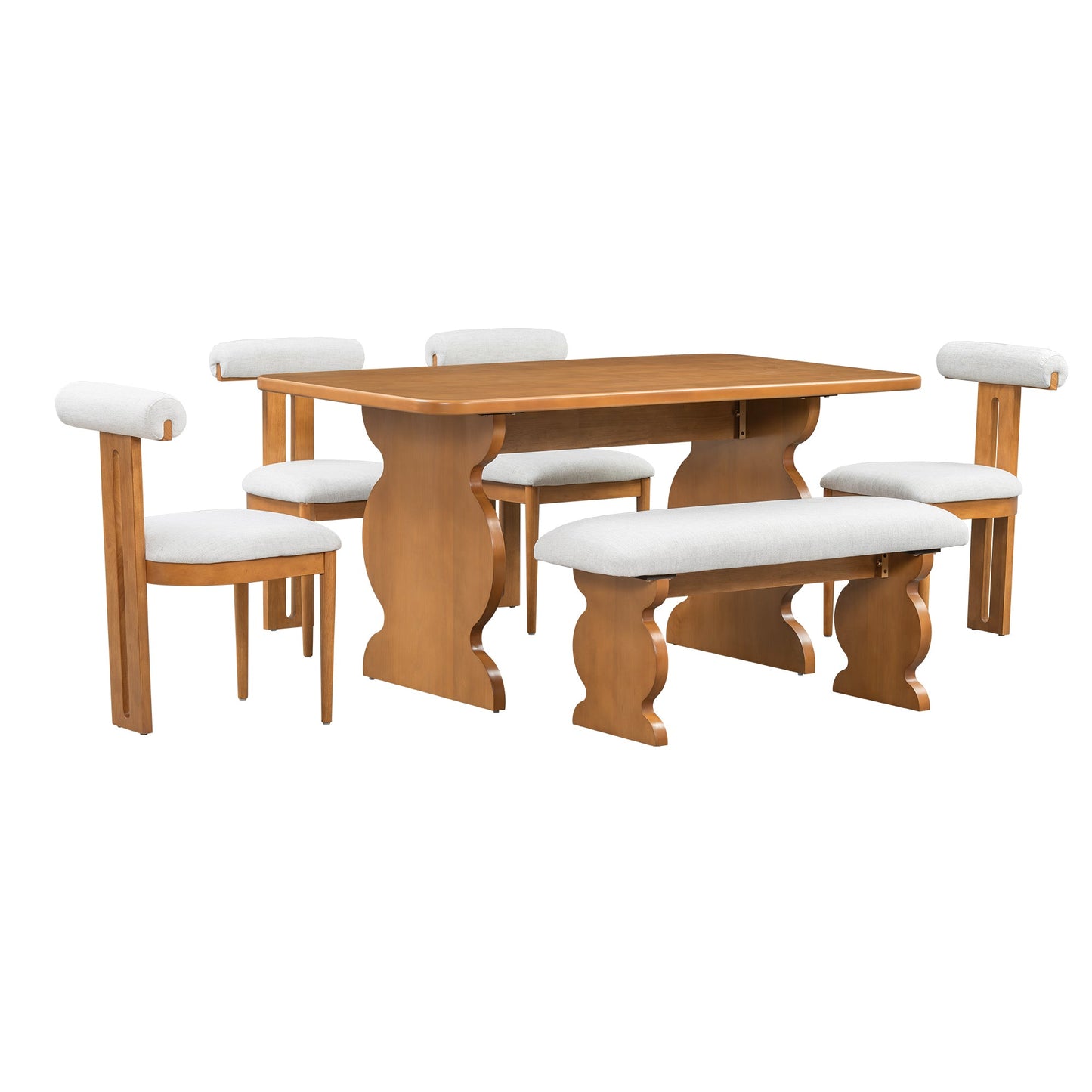 6-Piece Dining Set, Mid-Century Modern Table Set for 6 Persons with 4