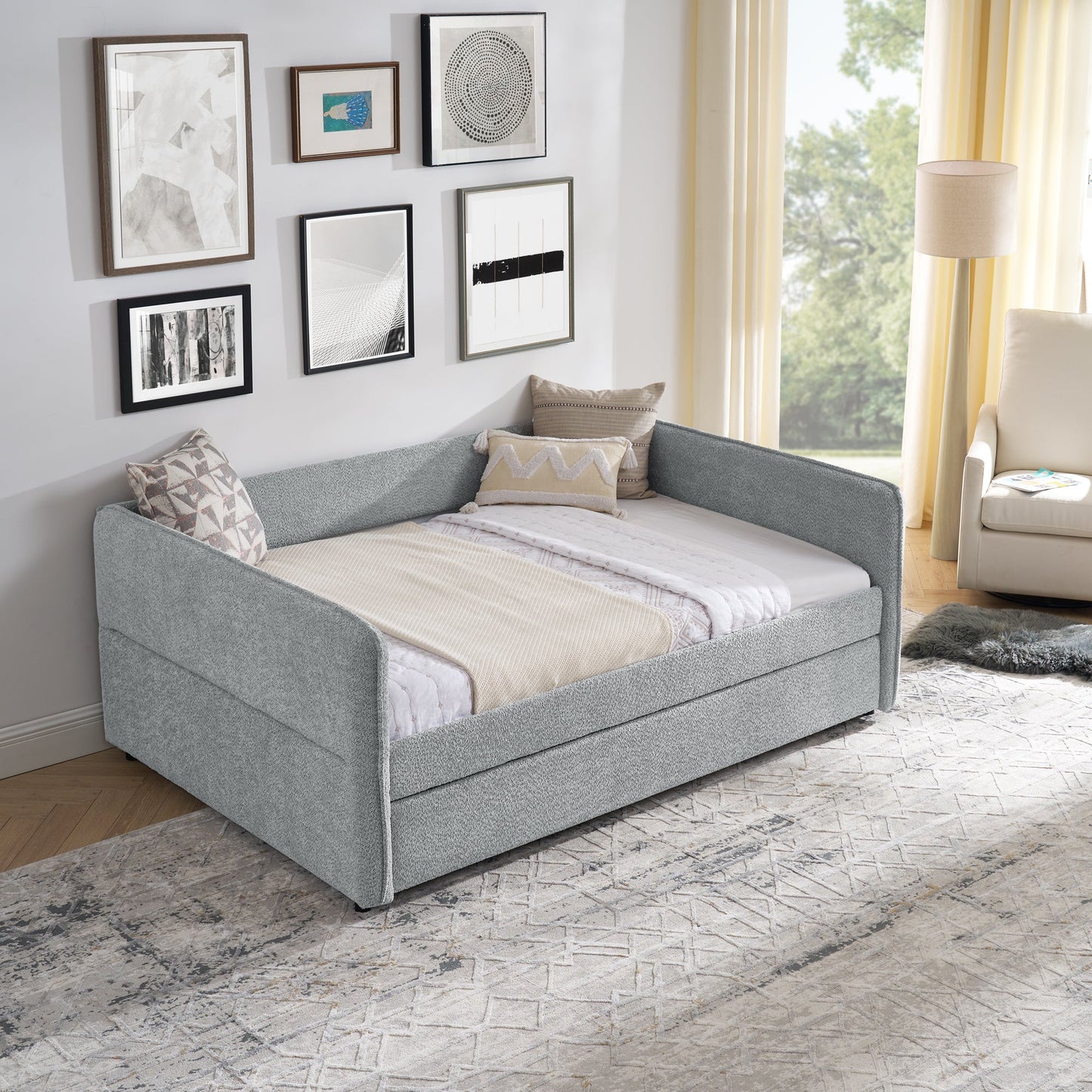 Daybed with Trundle Upholstered Tufted Sofa Bed, Full Size, Boucle