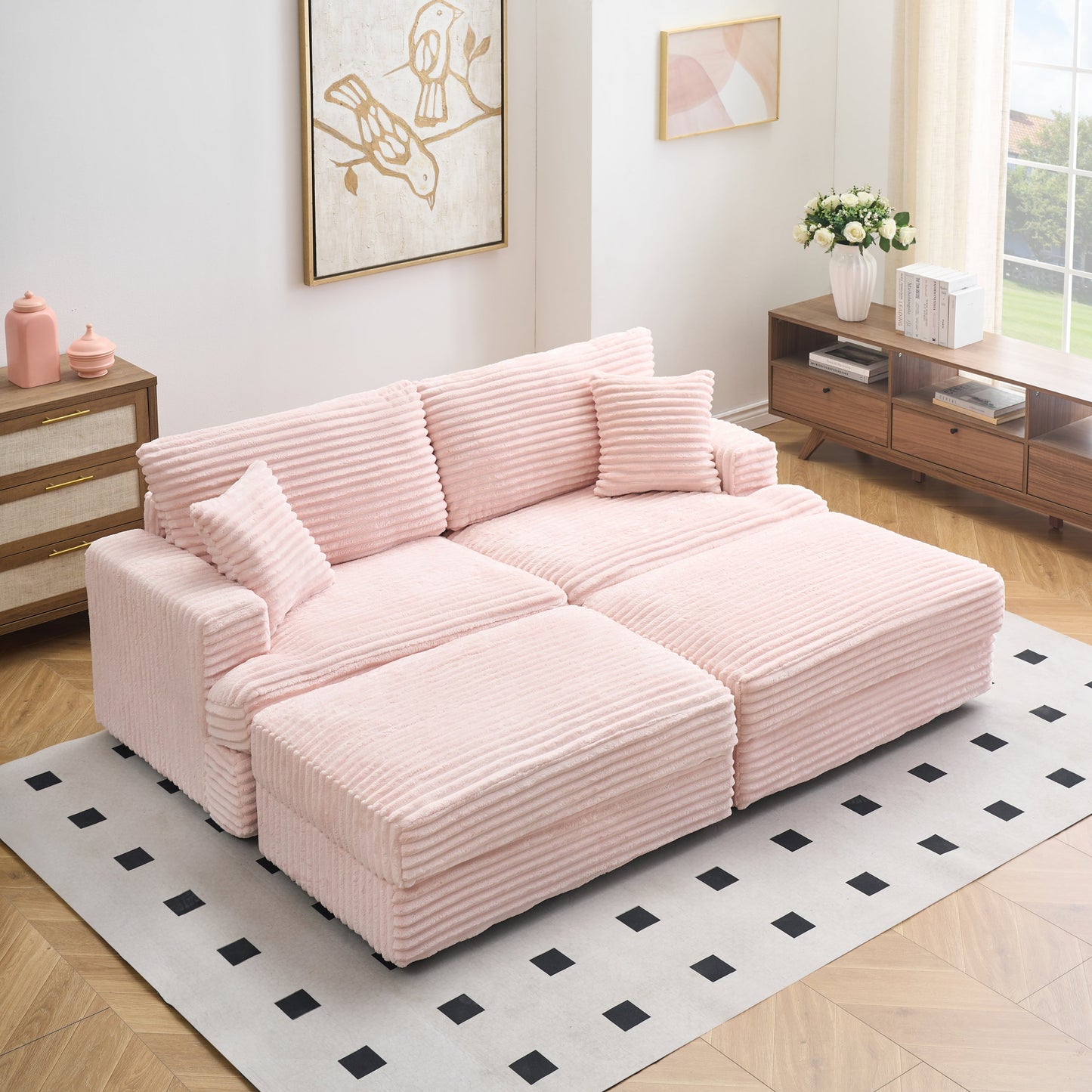 82 inches pink corduroy sofa, two storage feet +4 throw pillows,