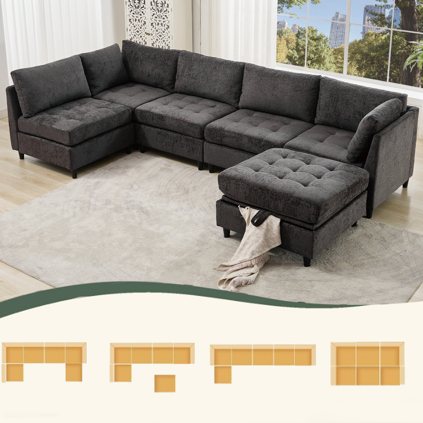 Modular Sectional Couch with Storage Ottoman, U Shaped Sofa, Storage