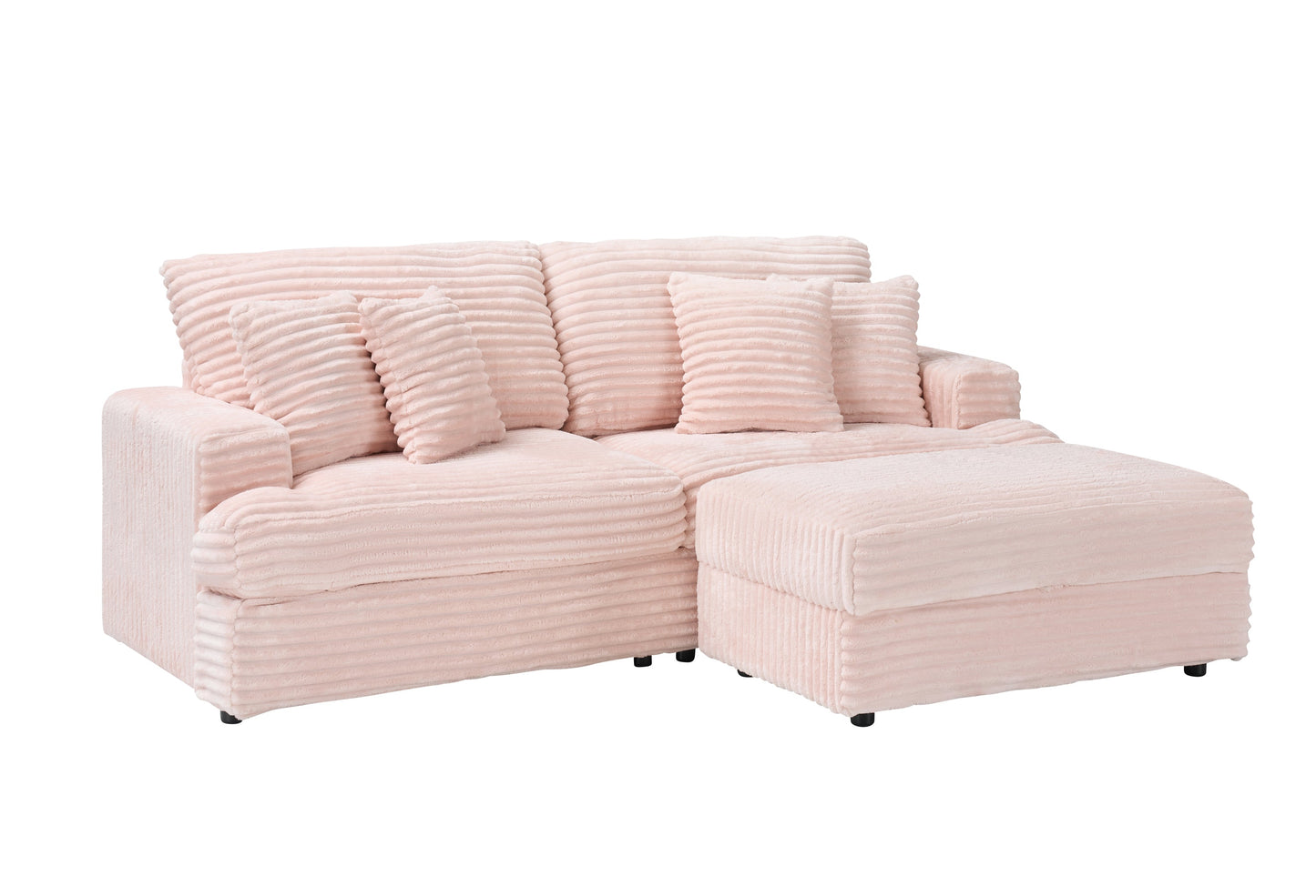 82 inches pink corduroy sofa, storage feet +4 throw pillows, pink