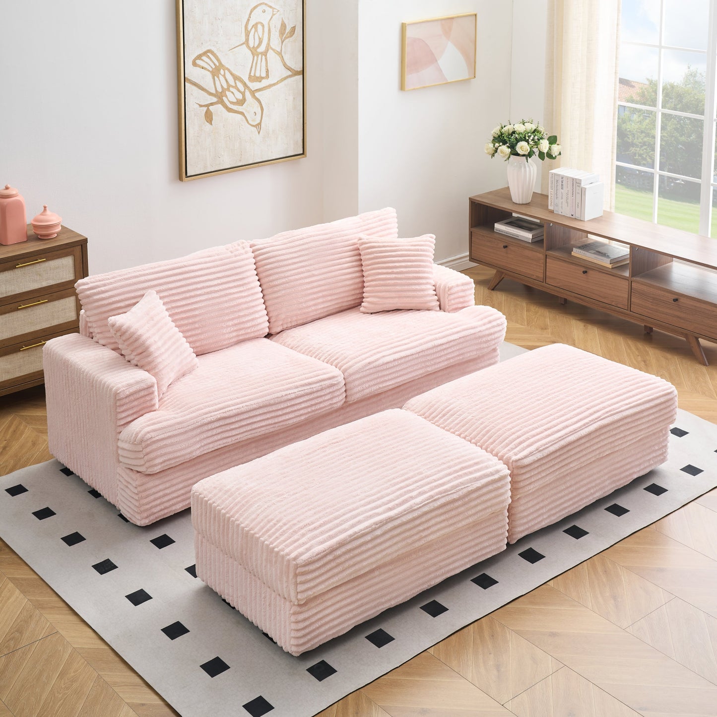 82 inches pink corduroy sofa, two storage feet +4 throw pillows,