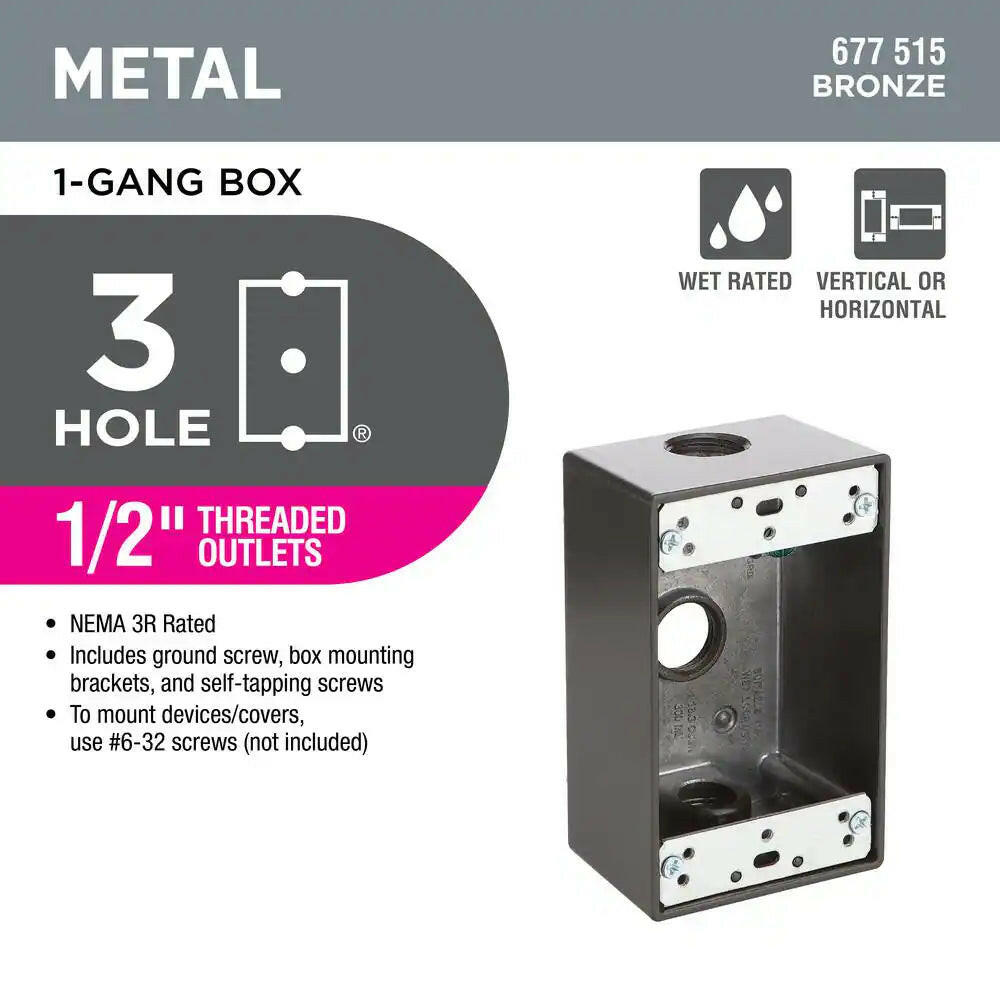 1-Gang Metallic Weatherproof Box with (3) 1/2 In. Holes, Bronze.