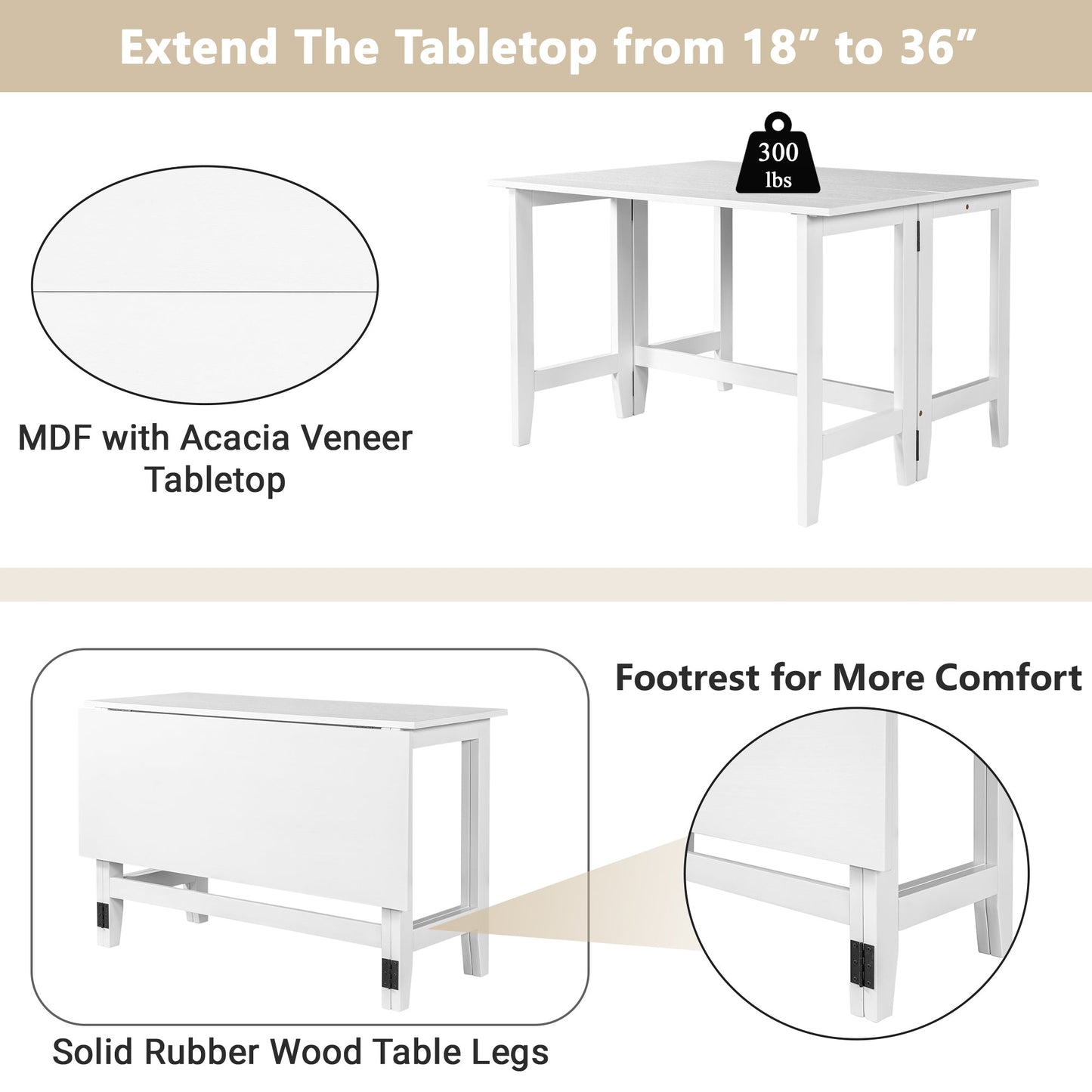 Farmhouse Wood Extendable Dining Table with Drop Leaf for Small