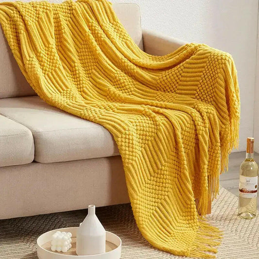 Hand Knitted Tassel Throw Blanket.