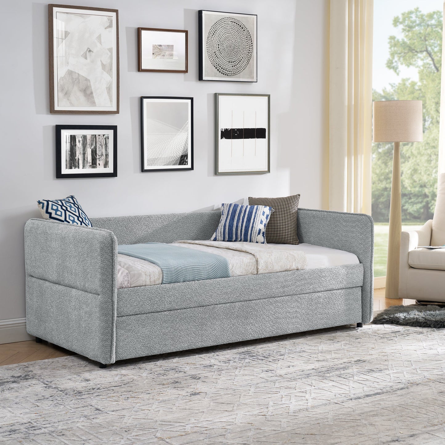 Daybed with Trundle Upholstered Tufted Sofa Bed, Twin Size, Boucle