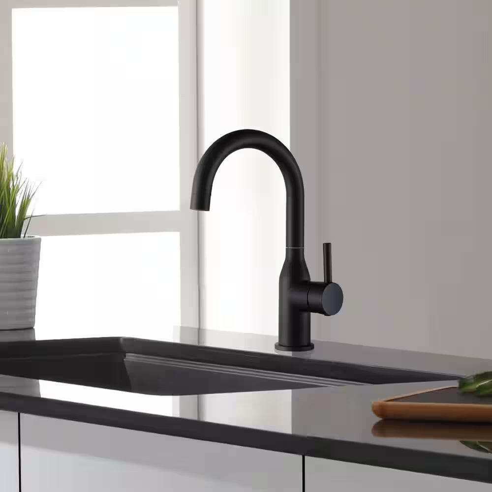 Single-Handle Bar Sink Faucet with Water Supply Lines in Matte Black.