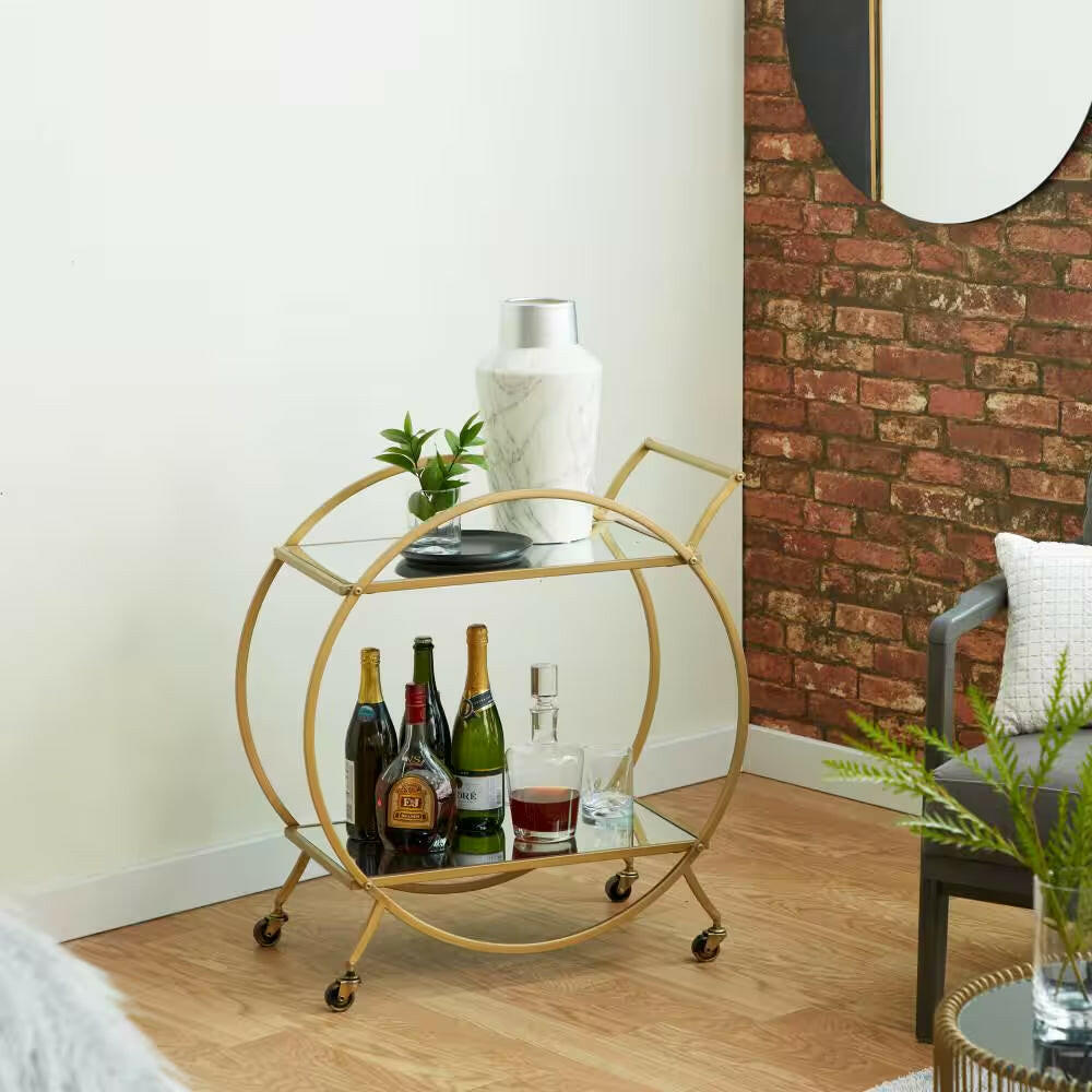 30 In. H Gold Rolling 2 Mirrored Shelves Bar Cart with Wheels and Handle.