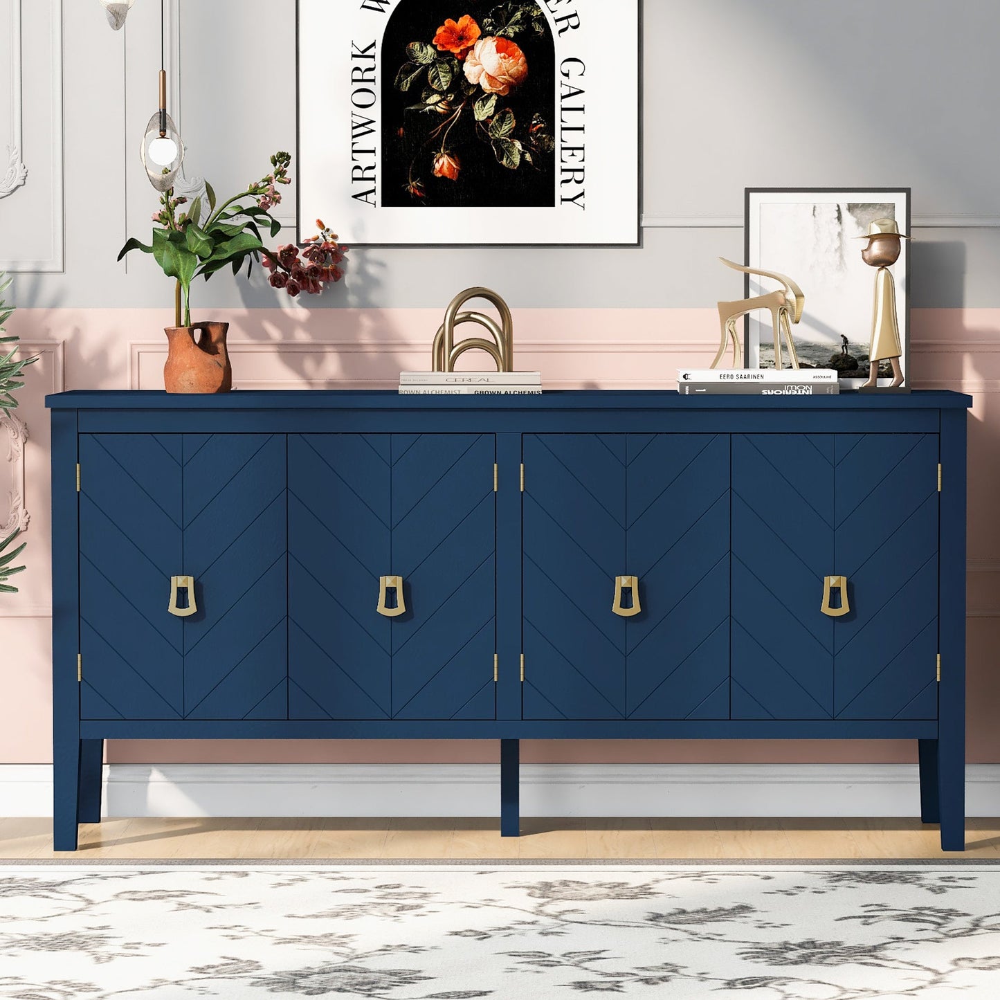 Four-Door Sideboard with Geometric Line Patterns and Vintage Metal