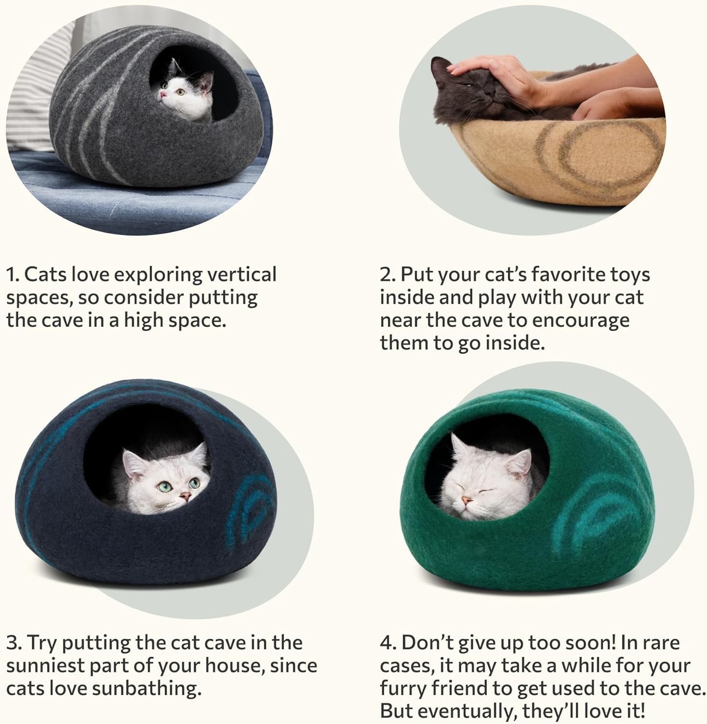 Cat Cave – Premium Felt Cat Bed for Indoor Cats, Handmade 100% Merino Wool (Light Shades) (Medium, Light Grey).