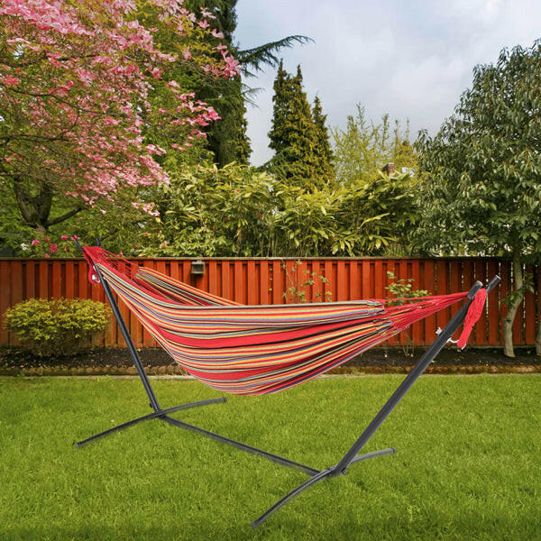 Black Steel Pipe Hammock Frame with Polyester Cotton Hammock Set.