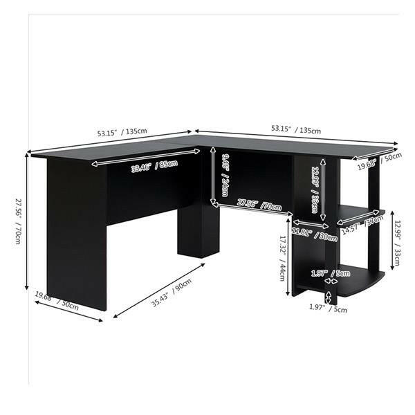 L-Shaped Wood Right-angle Computer Desk with Two-layer Bookshelves.