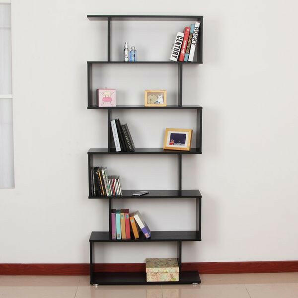 HOMCOM Wooden S Shape Bookcase 6 Shelves Storage Display Home Office.