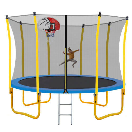 12FT Trampoline for Kids with Safety Enclosure Net Basketball Hoop.