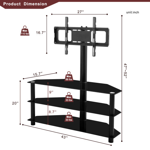 Multi-function TV Stand Height Adjustable Bracket Swivel 3-Tier