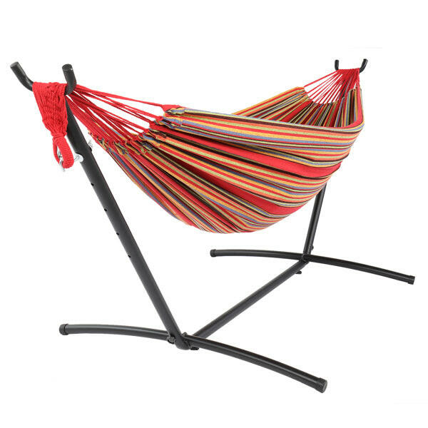 Black Steel Pipe Hammock Frame with Polyester Cotton Hammock Set.