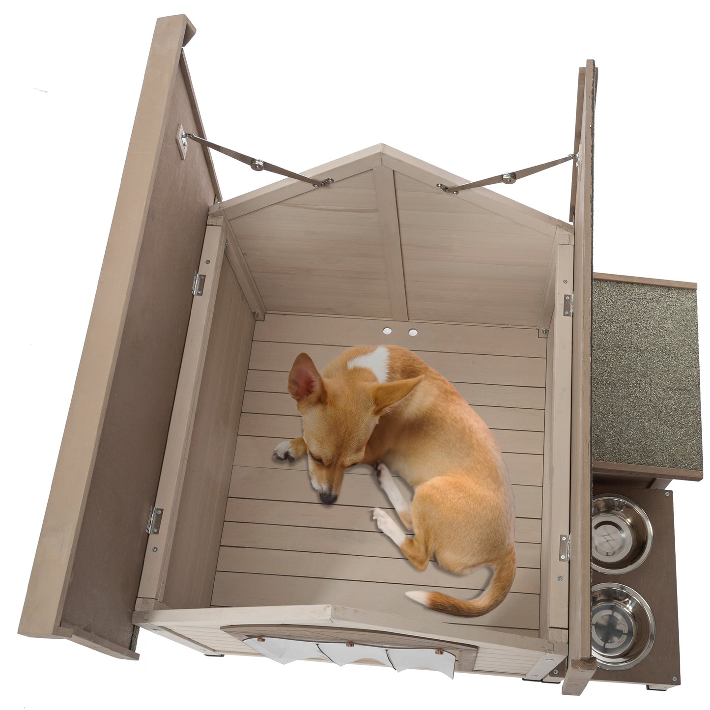 Outdoor fir wood dog house with an open roof ideal for small to medium