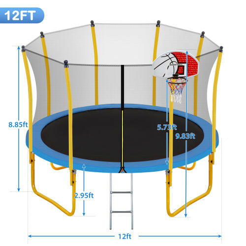 12FT Trampoline for Kids with Safety Enclosure Net Basketball Hoop.