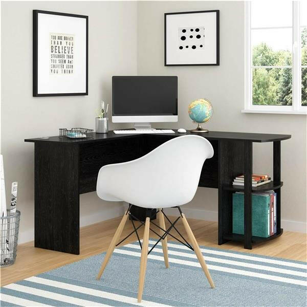 L-Shaped Wood Right-angle Computer Desk with Two-layer Bookshelves.