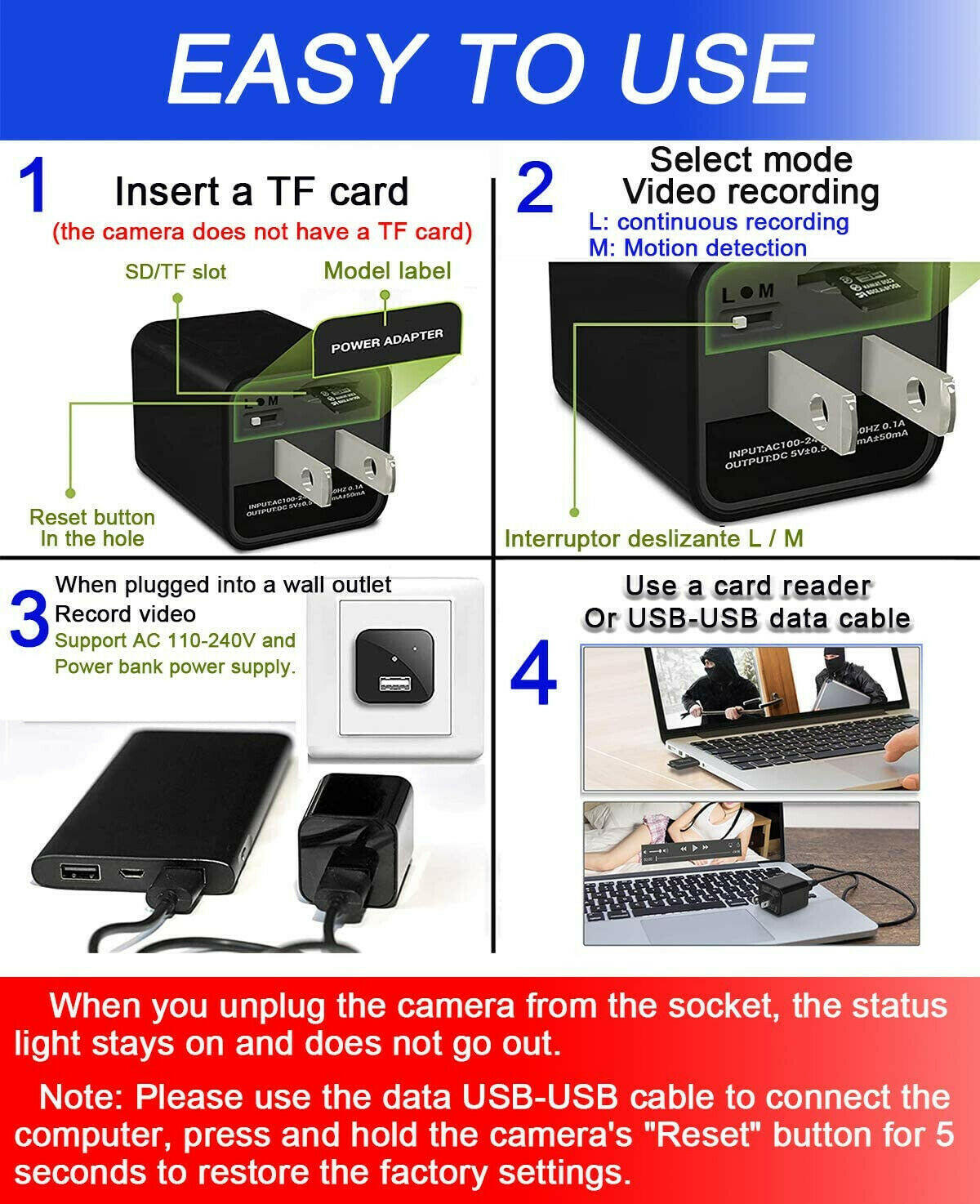 Hidden Camera HD 1080P USB Charger Home Security.