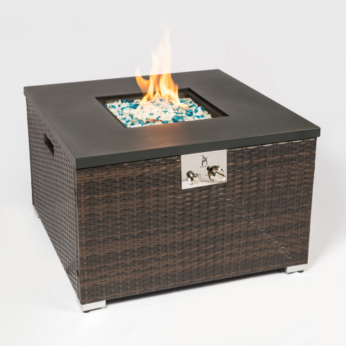 Outdoor Gas Fire Pit Square Dark Brown Wicker Fire Pit Table.