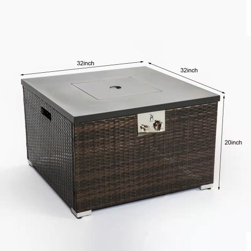 Outdoor Gas Fire Pit Square Dark Brown Wicker Fire Pit Table.