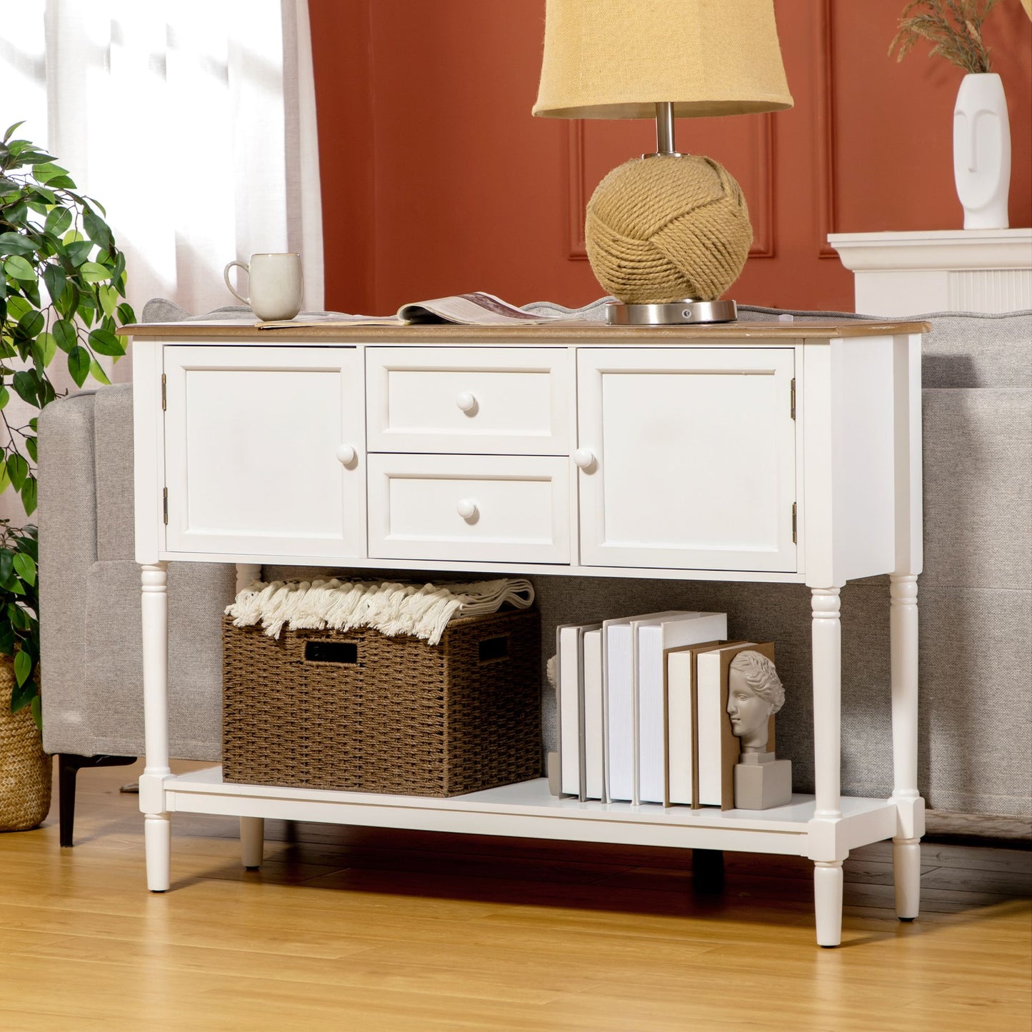 Console Table with Drawers, Vintage Entryway Table with 2 Drawers, Cabinets and Bottom Shelf, Retro Sofa Table for Living Room, Bedroom, White