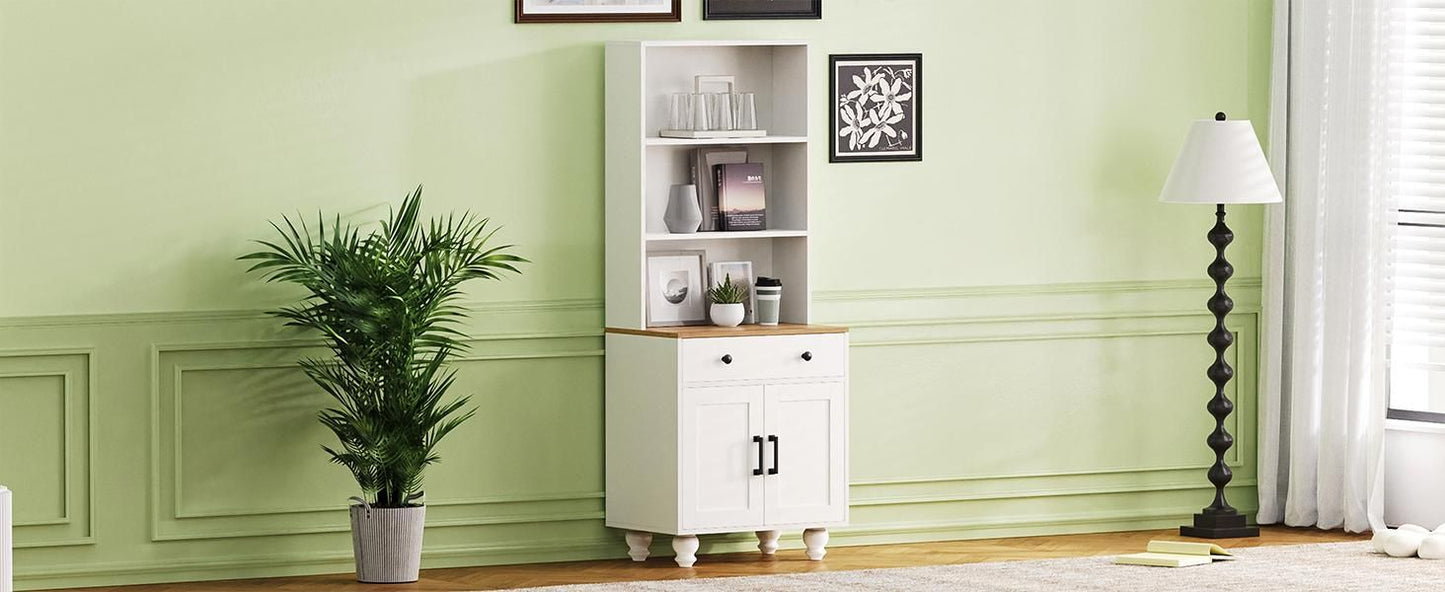 ON-TREND Farmhouse Storage Cabinet with 4 Solid Wood Gourd-Shaped Legs, Modern Kitchen Pantry Cabinet with Adjustable Shelves, 5 Tier Bookshelf with Drawer for Living Room, White