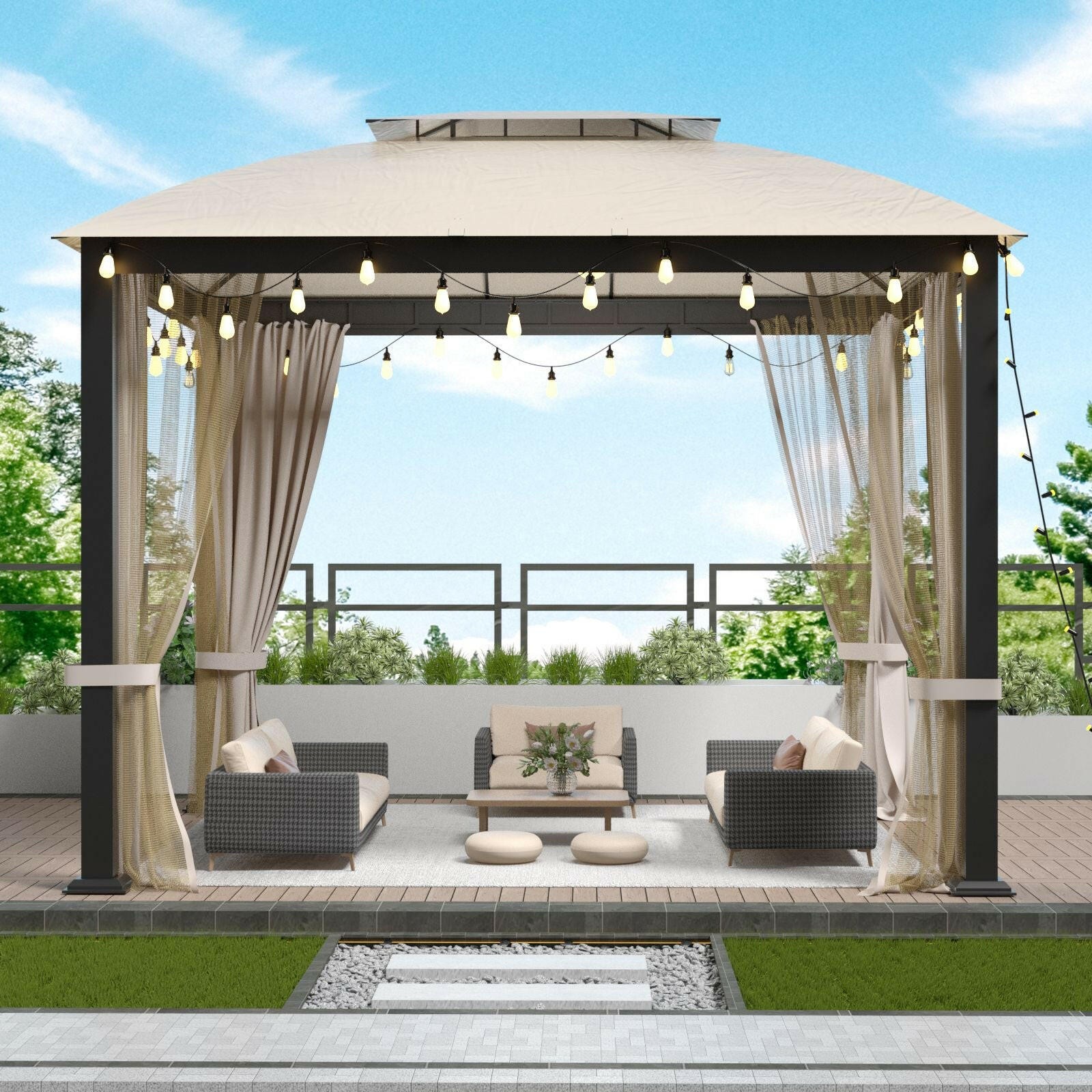 10X10FT Softtop Metal Gazebo with Mosquito Net&Sunshade Curtains,Sturdy Heavy Duty Double Roof Canopy,Galvanized Steel Design Outdoor Tent,Suitable for Gardens,Patio,Backyard.