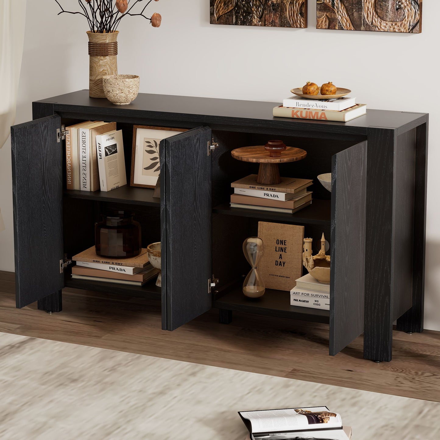 Retro 4-door Sideboard with Distressed Finish and Adjustable Shelves for Dining Room,Kitchen,and Living Room