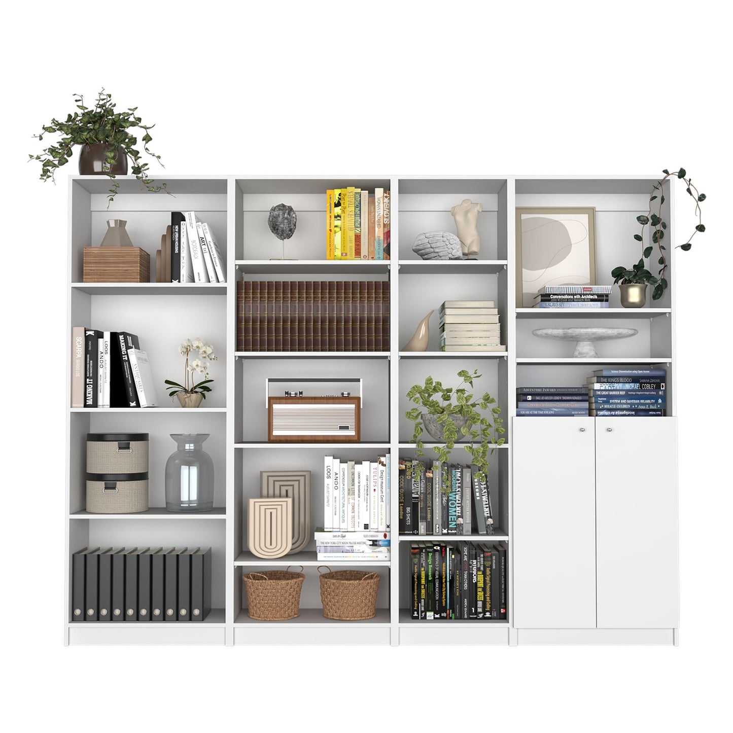 Dupree 4 Piece Home Bookcase set, 91" Wide with 17 Shelves And a Double-Door Cabinet , Living Room Set White