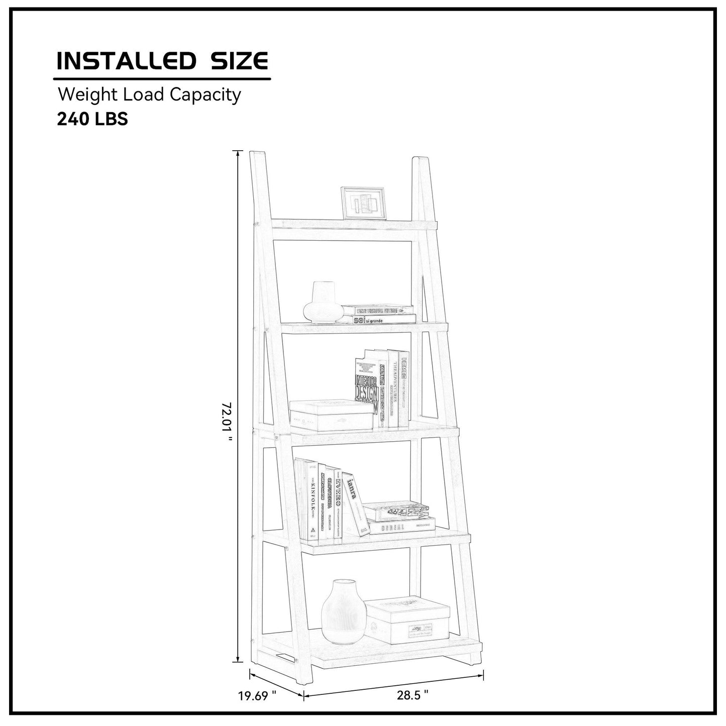 5-Tier Shelves,Bookshelf, Storage Rack, Bookcase with Rubber Wood Frame, Ladder Shelf for Living Room, Home Office, Kitchen, Bedroom, Apartment